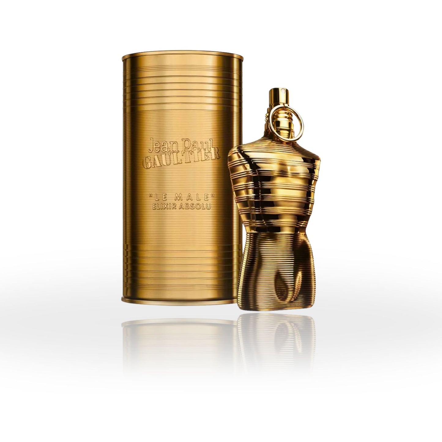 Jean Paul Gaultier Le Male Elixir Absolu Parfum 4.2 oz bottle – iconic torso bottle with deep amber tones.