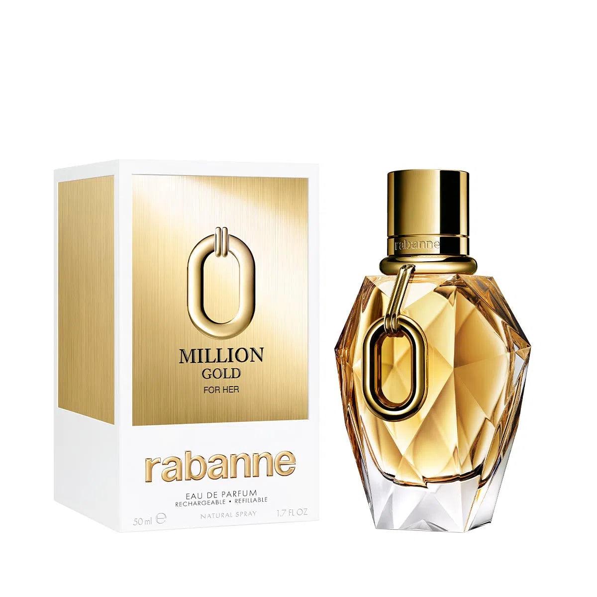a multifaceted glass bottle with a golden hue, adorned with the signature Rabanne emblem, exuding elegance and luxury.