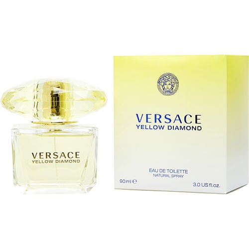 Versace Yellow Diamond Eau de Toilette luxurious yellow crystal-shaped bottle showcasing iconic Versace logo