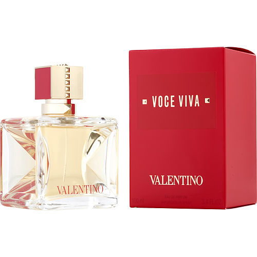 Valentino Voce Viva Eau de Parfum bottle – a sleek, square glass bottle with a golden hue, adorned with the signature Valentino Rockstud cap.