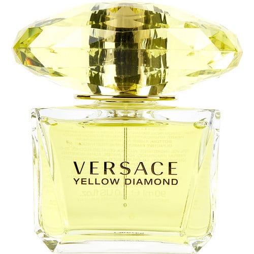 Close-up of Versace Yellow Diamond EDT fragrance bottle with faceted crystal cap reflecting elegance.