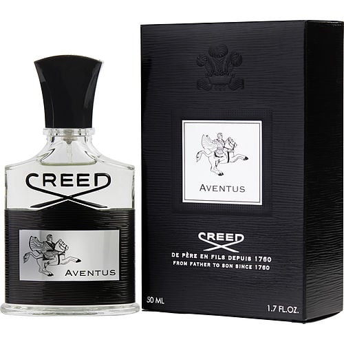 Close-up of Creed Aventus bottle highlighting classic crest logo, elegant glass design, and masculine detailing