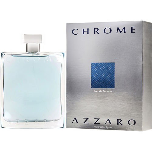 Azzaro Chrome Eau de Toilette packaging featuring icy blue box with bold silver logo and clean lines