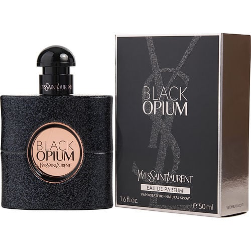 Close-up of YSL Black Opium EDP bottle showcasing shimmering texture, rounded design, and rose gold accents