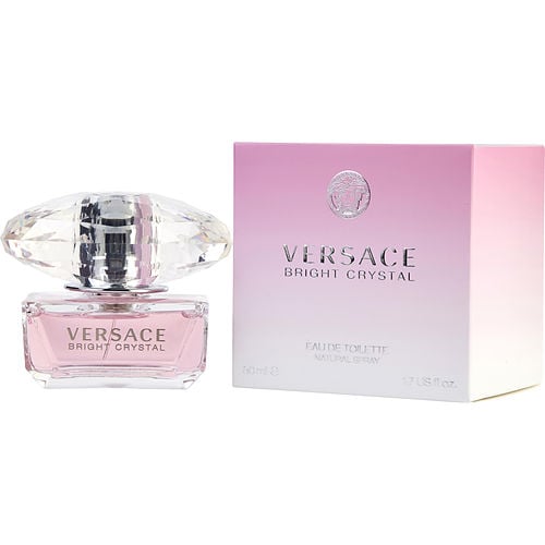 Close-up of Versace Bright Crystal EDT showing soft pink fragrance and intricate crystal-style cap design