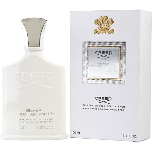 Creed Silver Mountain Water Eau de Parfum bottle – a sleek white bottle with a silver cap, reflecting the purity and freshness of the Swiss Alps.