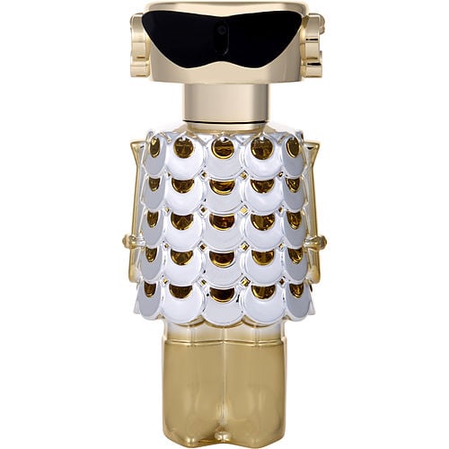 Close-up of Paco Rabanne Fame perfume bottle highlighting shiny metallic finish and chic modern design