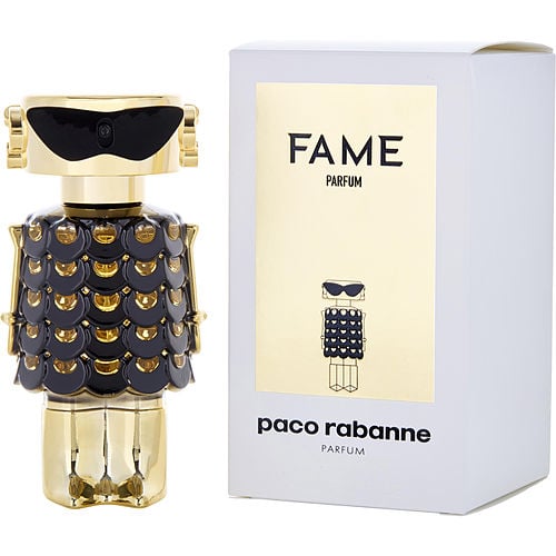 Close-up of Paco Rabanne Fame Parfum bottle highlighting metallic gold robot design and luxury detailing