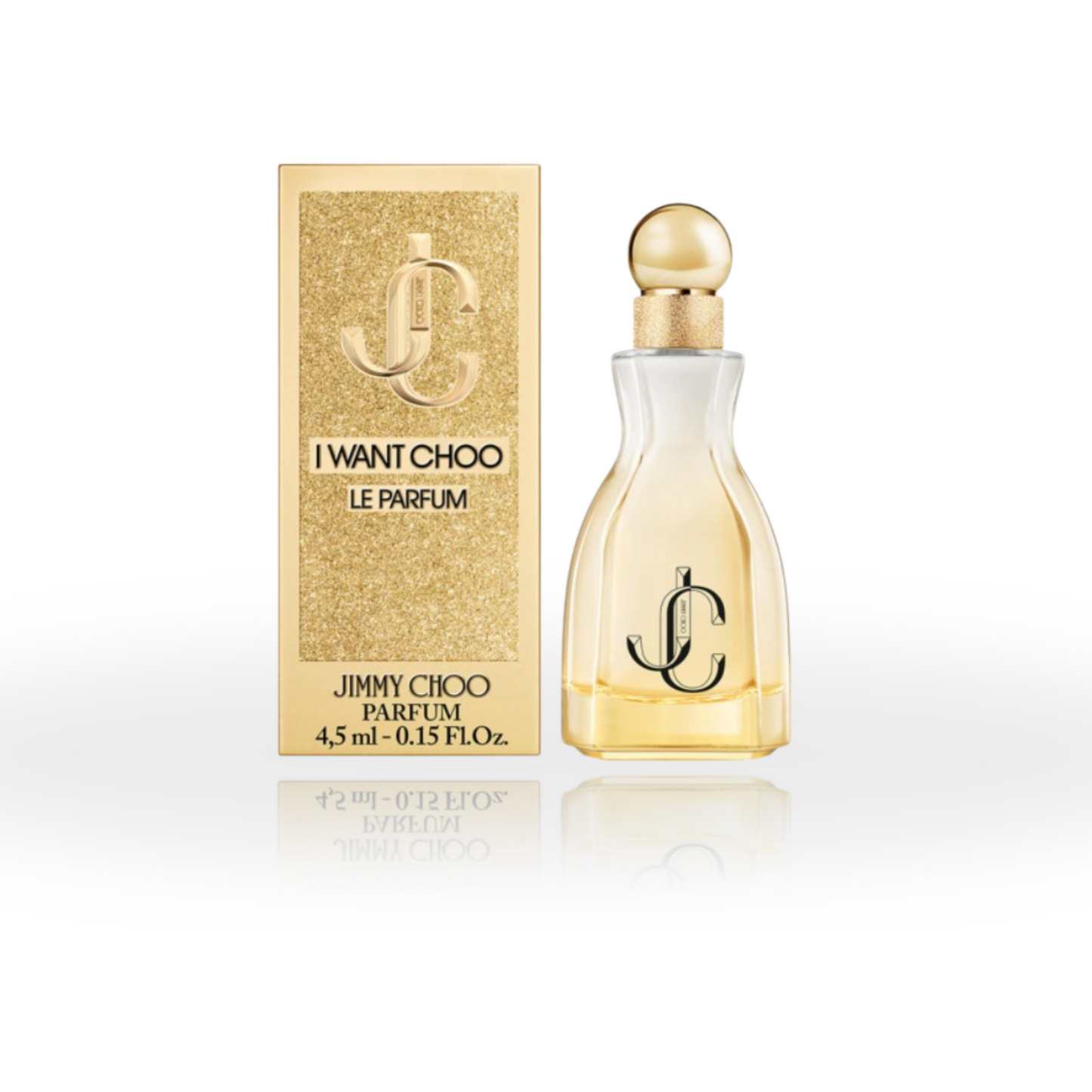 Close-up of Jimmy Choo I Want Choo Le Parfum bottle highlighting luxurious red glass and shiny gold detailing