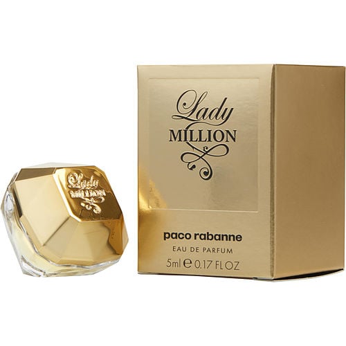 Side view of Paco Rabanne Lady Million EDP bottle highlighting jewel-like shape and rich golden finish
