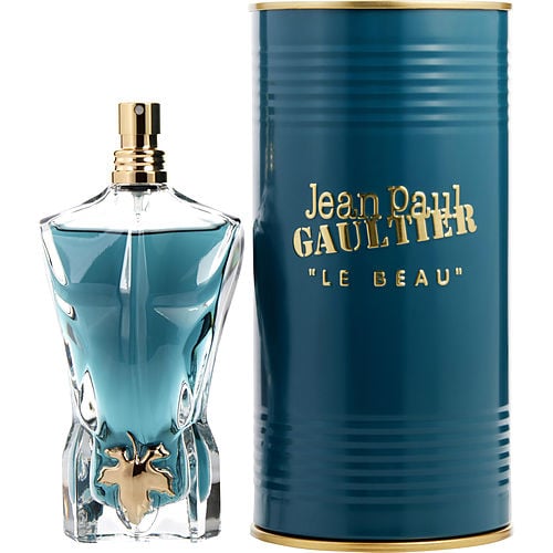 Close-up of Jean Paul Gaultier Le Beau EDT showing sculpted torso design and golden vine accent at the waist