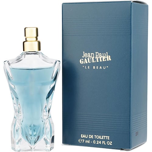 Jean Paul Gaultier Le Beau Eau de Toilette packaging in tropical turquoise canister with gold branding