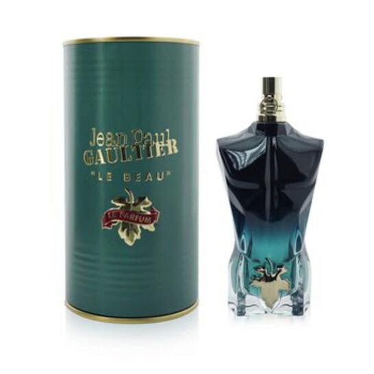 Jean Paul Gaultier Le Beau Le Parfum front view featuring masculine torso-shaped bottle in deep gradient black and gold
