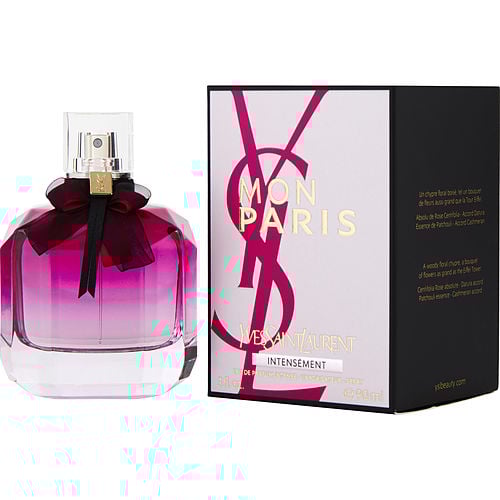 Yves Saint Laurent Mon Paris Intensement 90ml bottle – elegant glass design with a fuchsia gradient and the iconic YSL lavallière bow.