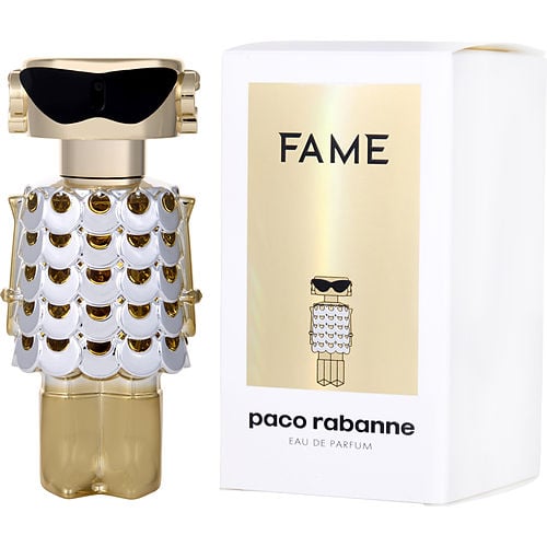 Paco Rabanne Fame Eau de Parfum front view featuring playful gold robot-shaped bottle with black sunglasses