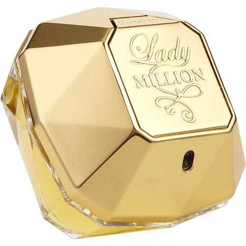 Paco Rabanne Lady Million packaging featuring shiny gold box and signature diamond-inspired design
