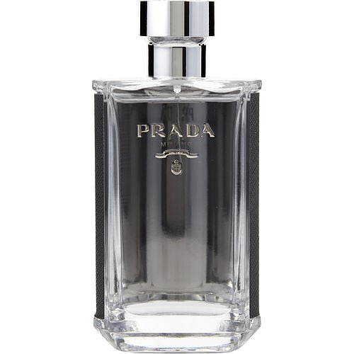Prada L’Homme Eau de Toilette packaging with black box and silver accents reflecting sophistication