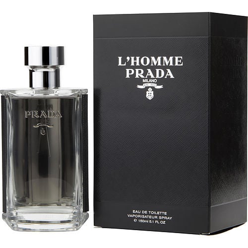 Close-up of Prada L’Homme EDT bottle showcasing refined minimalist design and classic Prada branding