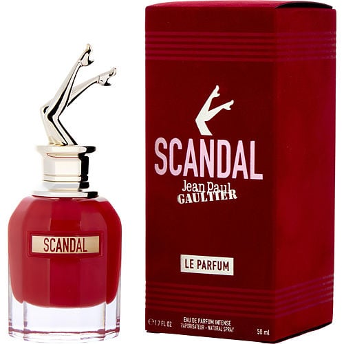 Close-up of Jean Paul Gaultier Scandal Le Parfum intense bottle featuring rich red hue and sculpted cap