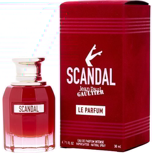 Jean Paul Gaultier Scandal Le Parfum packaging with luxurious deep red velvet box and bold gold lettering