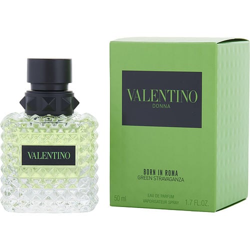 Close-up of Valentino Donna Green Stravaganza bottle highlighting textured glass and sleek black label