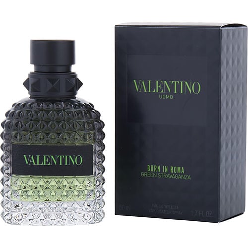 Close-up of Valentino Uomo Green Stravaganza bottle featuring signature rockstud glass and bold label
