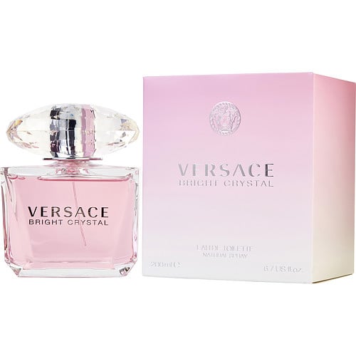 Versace Bright Crystal Eau de Toilette front view featuring elegant pink bottle with oversized crystal-shaped cap