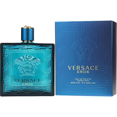 Close-up of Versace Eros EDT bottle showcasing Greek key pattern and vibrant blue glass design