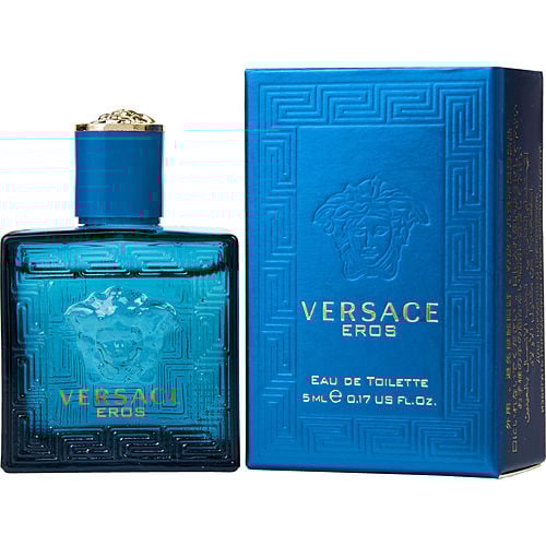 Side view of Versace Eros EDT bottle highlighting sculpted design, gold-tone sprayer, and masculine energy