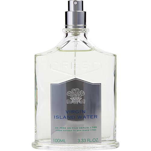 Close-up of the Virgin Island Water bottle showcasing its intricate design and the Creed emblem