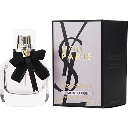 Yves Saint Laurent Mon Paris Eau de Parfum 90ml bottle – elegant glass design with a soft pink hue and the iconic YSL lavallière bow.