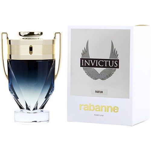 Paco Rabanne Invictus Parfum bottle – a sleek, trophy-shaped bottle with a defined V-shaped silhouette and a golden cap, exuding elegance and strength.
