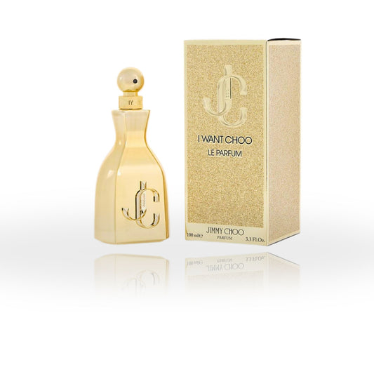 Jimmy Choo I Want Choo Le Parfum 100ml bottle – elegant glass design with a golden cap and the iconic JC emblem.
