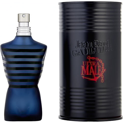 Close-up of the Ultra Male bottle highlighting its intricate design and luxurious finish.