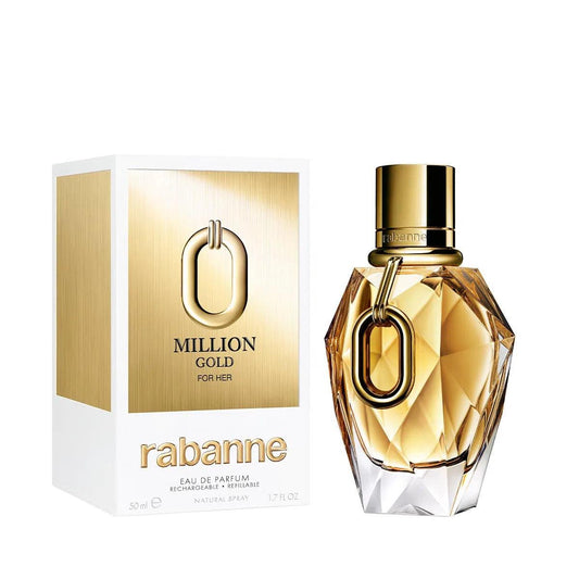 a multifaceted glass bottle with a golden hue, adorned with the signature Rabanne emblem, exuding elegance and luxury.