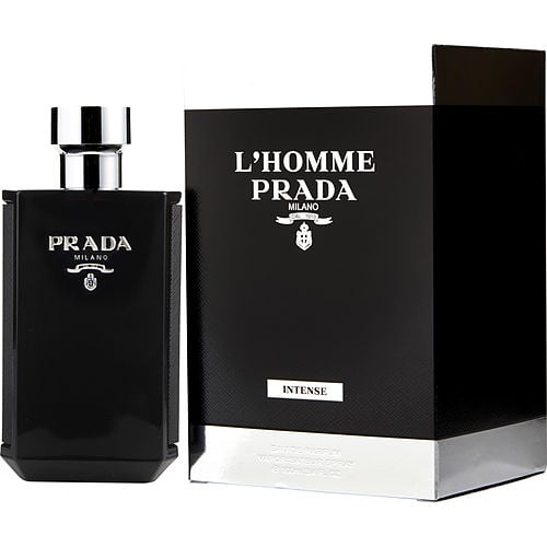 a sleek, black-toned bottle adorned with the signature Prada logo, exuding elegance and power.