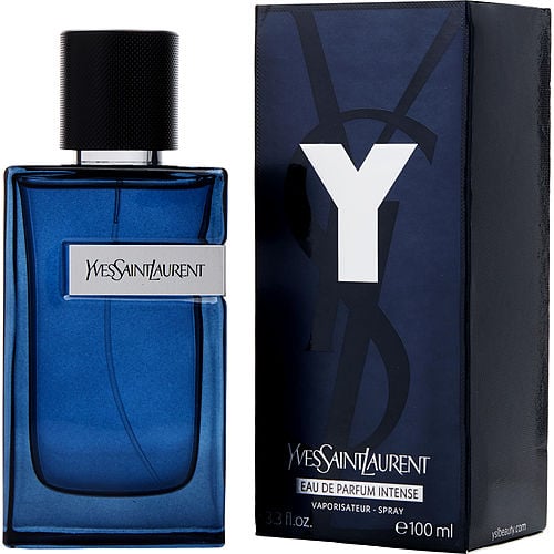 Yves Saint Laurent Y Eau de Parfum Intense bottle – a sleek, deep blue gradient design with a silver YSL logo, reflecting modernity and luxury.​
