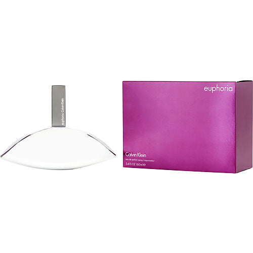 Close-up of Calvin Klein Euphoria perfume bottle showcasing modern curves and rich plum-colored fragrance