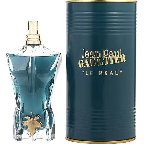 Jean Paul Gaultier Le Beau Eau de Toilette front view with iconic male torso bottle in turquoise and gold leaf detail
