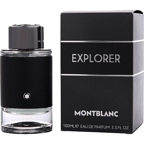 Montblanc Explorer Eau de Parfum front view with black textured bottle wrap and silver Montblanc star emblem