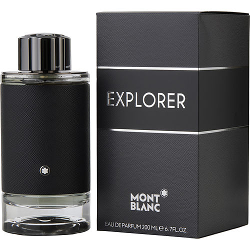 Close-up of Montblanc Explorer Eau de Parfum bottle showcasing elegant leather-style sleeve and polished metal cap