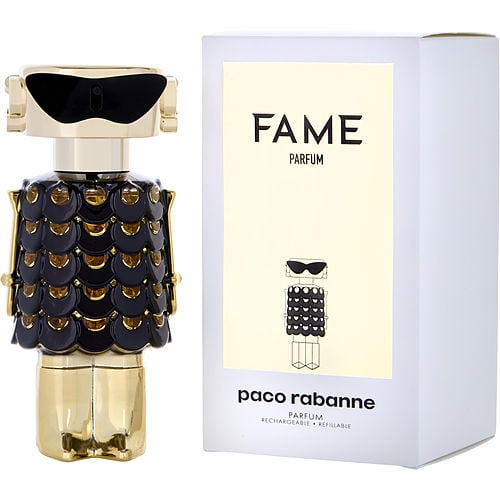Paco Rabanne Fame Parfum Refillable bottle shaped like a glamorous robot with gold finish and sunglasses