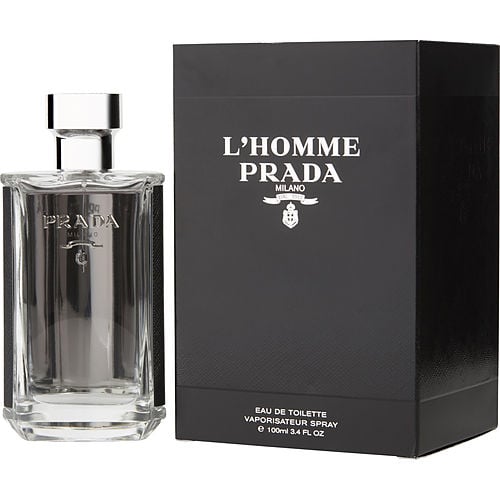 Prada L’Homme Eau de Toilette front view with sleek glass bottle and silver-metallic side detailing