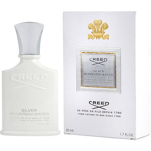 Close-up of the Silver Mountain Water bottle showcasing its elegant design and the Creed emblem.