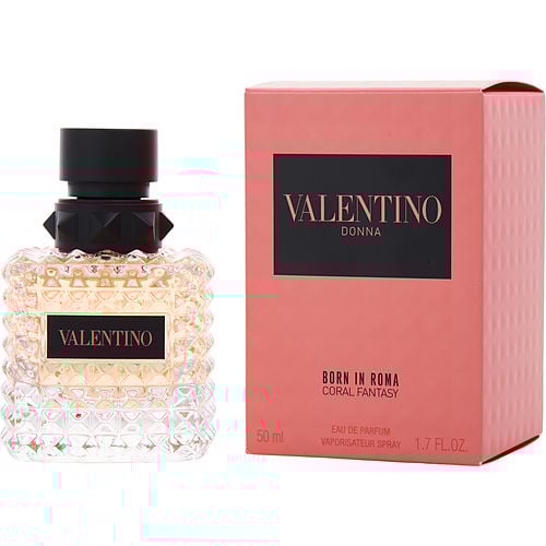 Close-up of Valentino Coral Fantasy perfume showing detailed bottle texture and bold black label