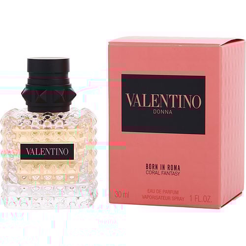 Valentino Donna Born In Roma Coral Fantasy Eau de Parfum bottle with coral pink hue and studded glass design