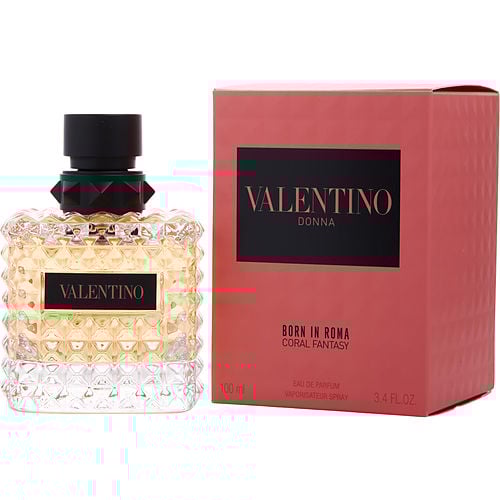 Valentino Coral Fantasy Eau de Parfum packaging in vibrant coral tones with luxury accents