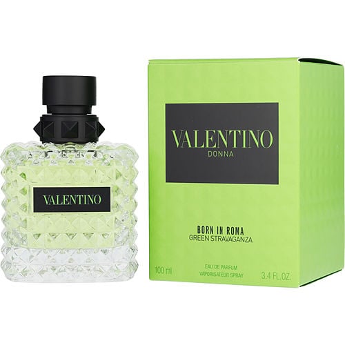 Valentino Donna Born In Roma Green Stravaganza Eau de Parfum bottle with bold green hue and iconic studded glass