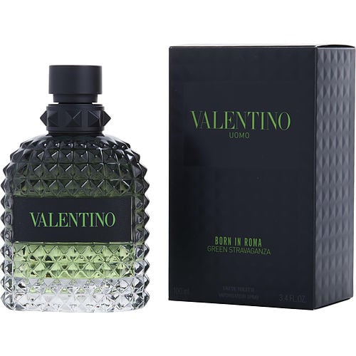 Valentino Uomo Born In Roma Green Stravaganza Eau de Toilette bottle with vibrant green tint and studded texture
