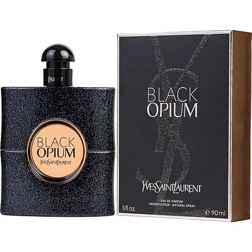 YSL Black Opium Eau de Parfum front view featuring glittery black bottle with pink center and bold circular label